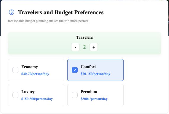 XOOTOUR AI Trip Planner traveler and budget preferences