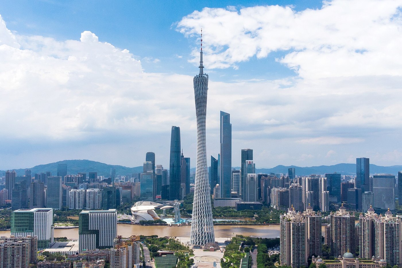 Canton Tower riverfront people evening