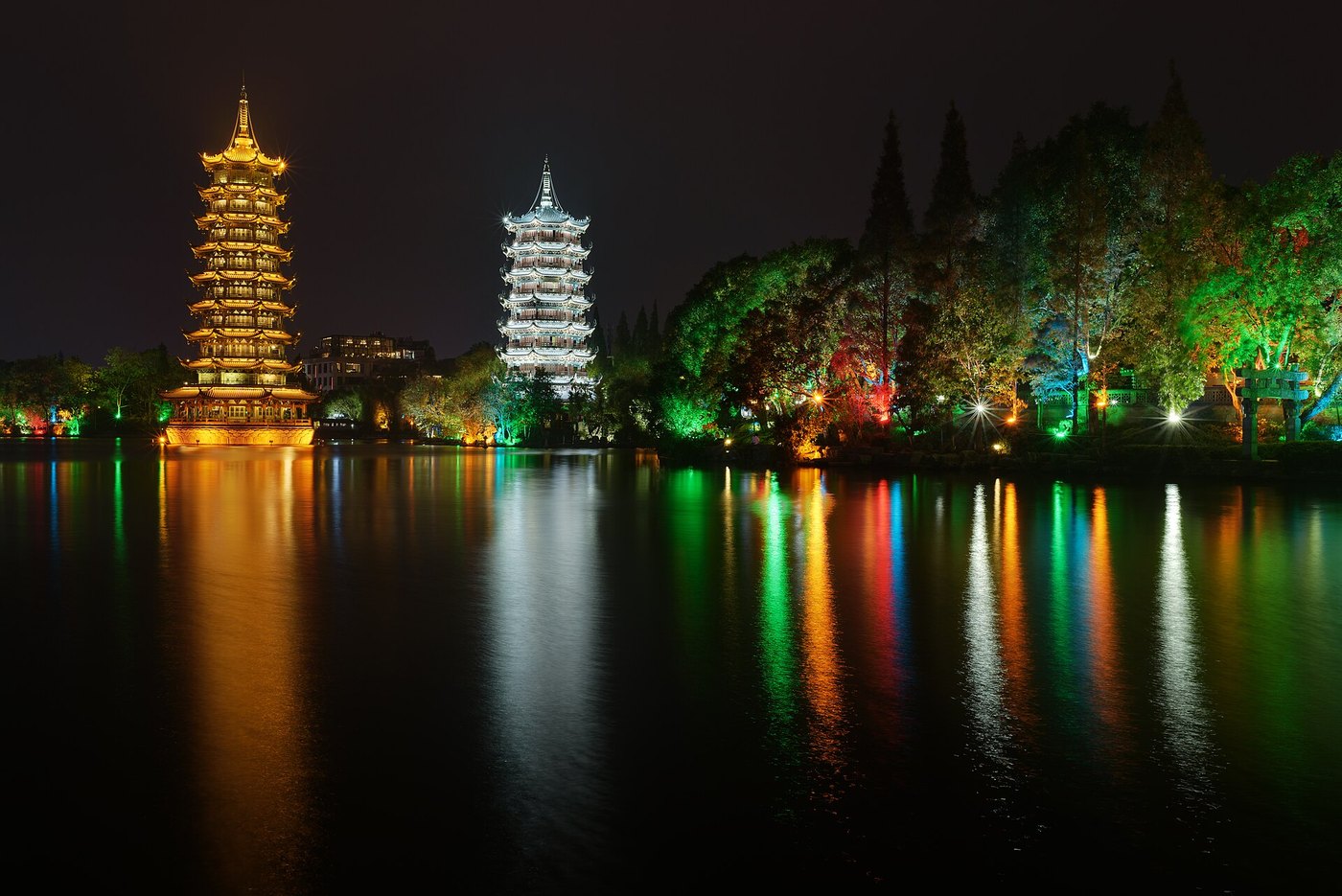 Guilin lakes night pagodas