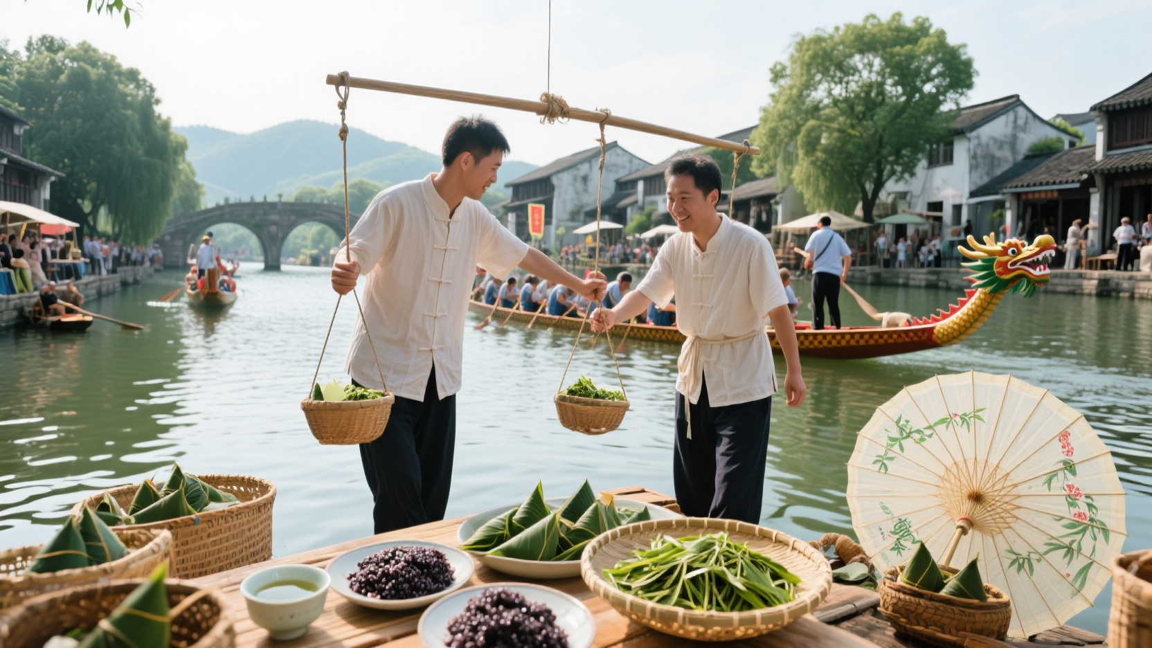 Step into old Hangzhou: Intangible Cultural Heritage Experiences of Weighing People on the Day of Lixia (Beginning of Summer), Dragon Boat Racing in Jiangcun Village, and Tea Banquet in Jingshan.