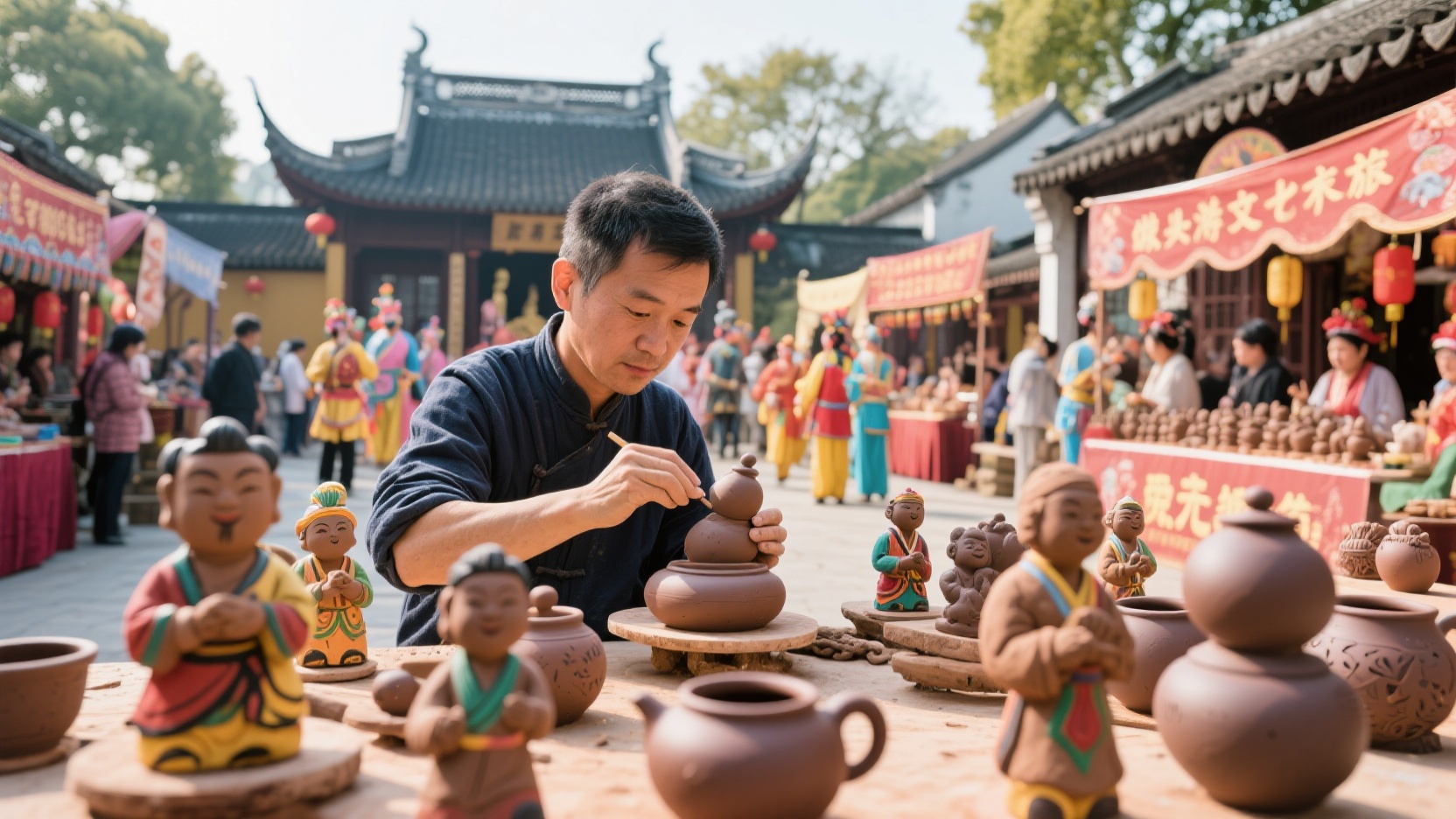 Pase medio día como un artesano de Wuxi: una experiencia tranquila en la feria del templo de Taibo, admirando las figuritas de arcilla de Huishan y las mesas de cerámica de arcilla púrpura.