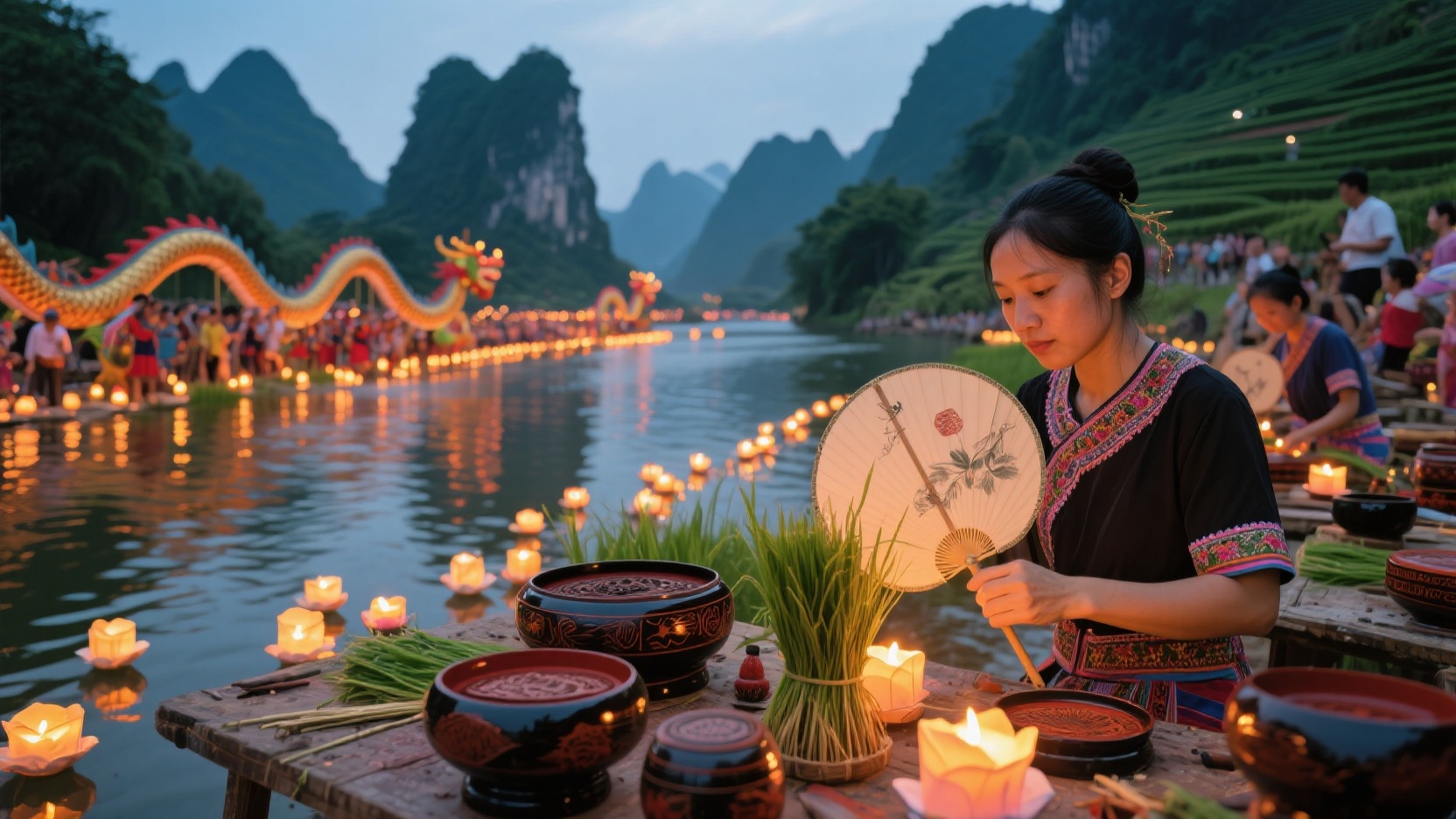 Ten Thousand River Lanterns Illuminate the Zi River: A Complete Record of Guilin's Festival Customs and Handmade Fans and Lacquerware