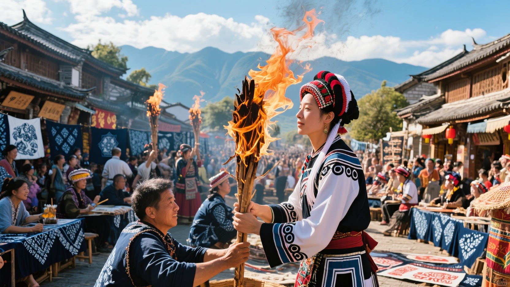 Experience half a day as a Bai ethnic minority: A live guide to the Dali Torch Festival, Jiama (a type of traditional Chinese garment), and tie-dyeing.